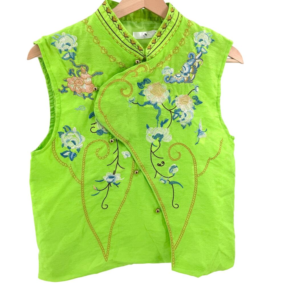 ih Lime Green Embroidered Mandarin Collar Asymmetrical Vest Top